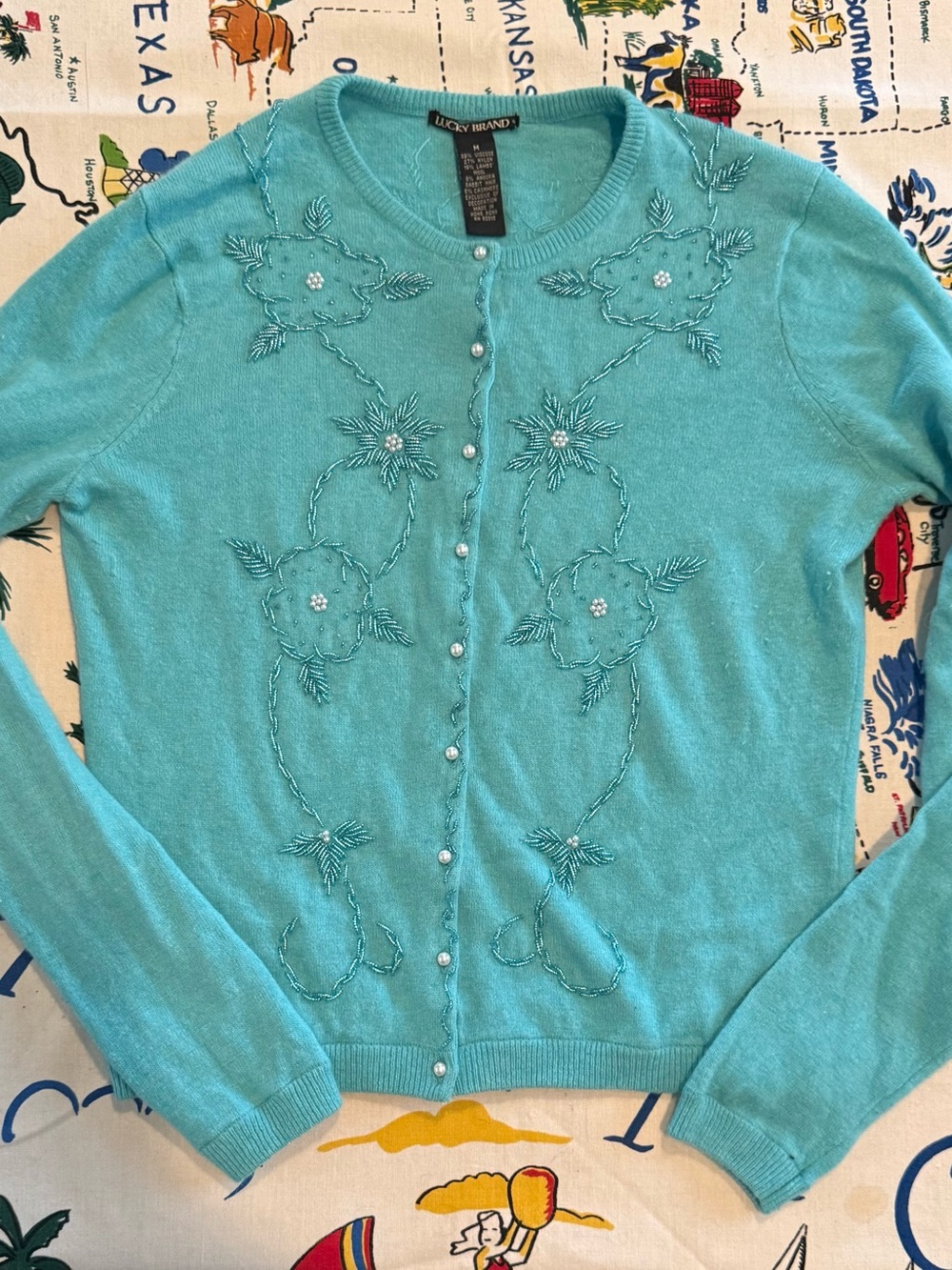 Lucky Brand Women's Aqua Beaded Floral Cardigan Sweater 1950s Style Medium